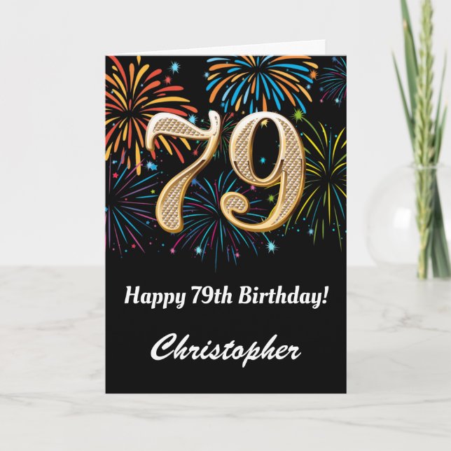 Carte 79e anniversaire Rainbow Fireworks noir et or (Devant)