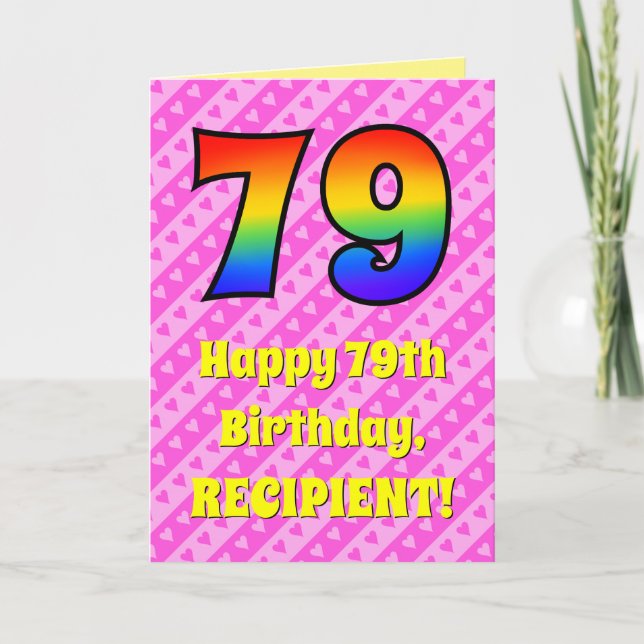 Carte 79e anniversaire : rayures roses & coeurs, arc-en- (Devant)