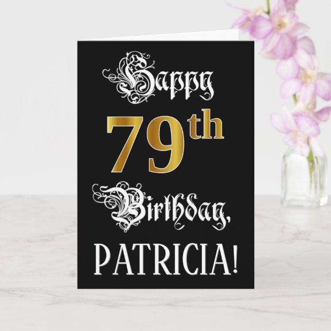 Carte 79e anniversaire — Script fantaisie; look or Faux; (Orchidée)