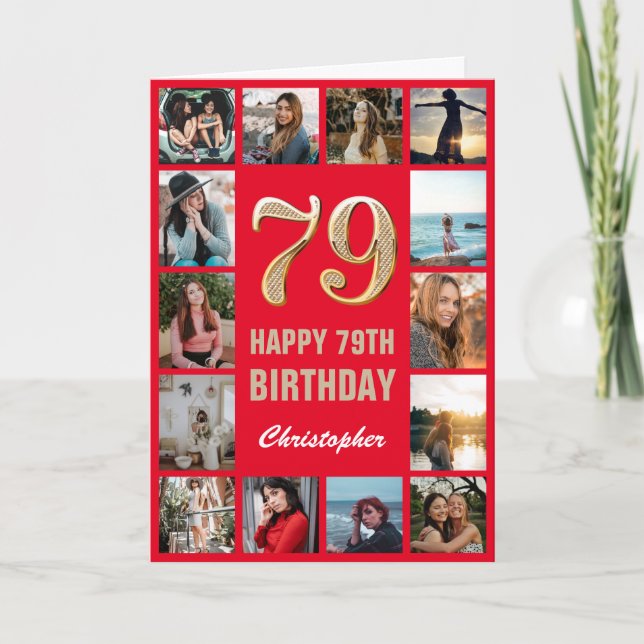 Carte 79e Joyeux Anniversaire Collage photo rouge et or (Devant)