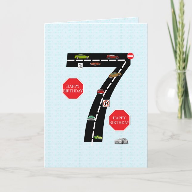 Carte 7 ans, 7 ans, voitures jouets et route (Devant)