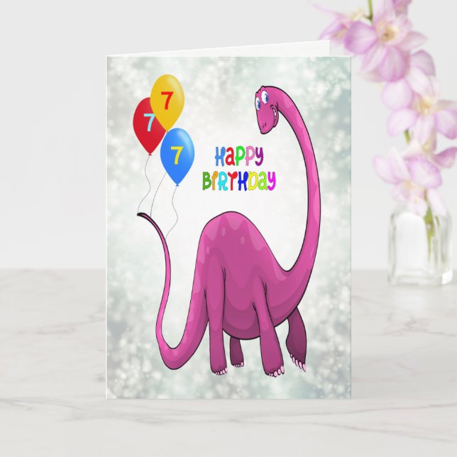 Carte 7e anniversaire Dinosaur et Ballons (Orchidée)