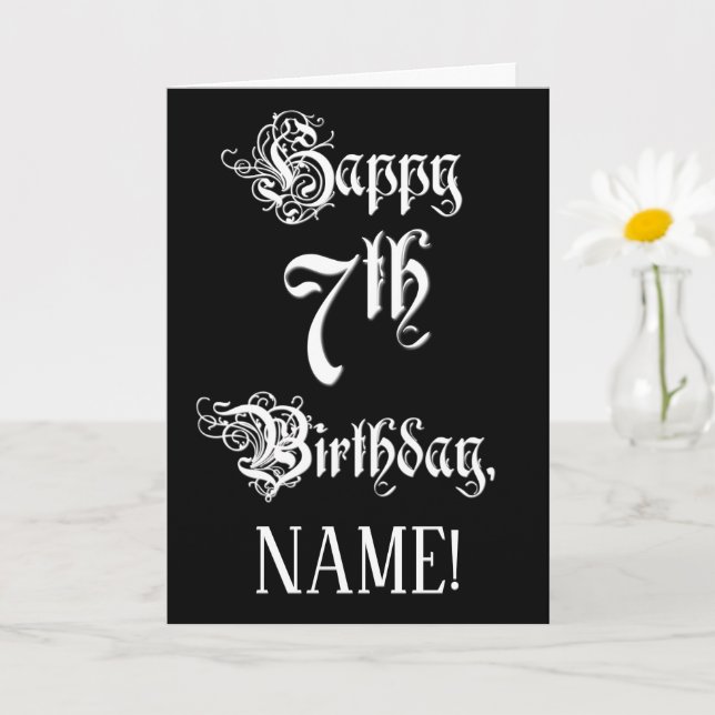 Carte 7e anniversaire : fantaisie, élégant script + Nom  (Petite plante)