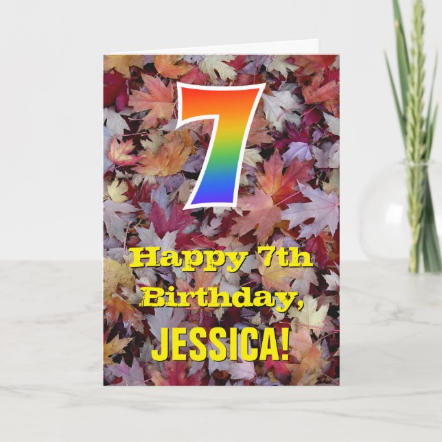 Carte 7e anniversaire; feuilles d'automne rustiques; arc (Devant)
