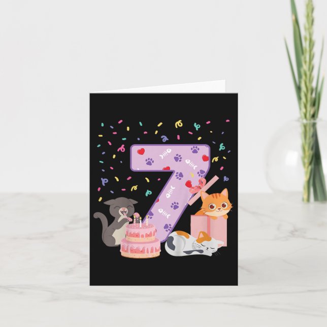 Carte 7e anniversaire fille mignonne tenue de chat 7 ans (Devant)