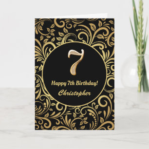Carte 7e anniversaire Motif floral noir et or