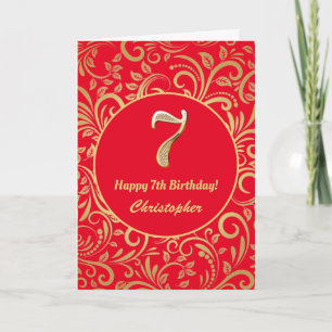 Carte 7e anniversaire Motif Floral rouge et or