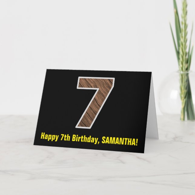 Carte 7e anniversaire : Nom + Faux Wood Grain Motif "7" (Devant)