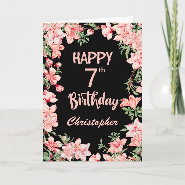 Carte 7e anniversaire Peach rose Aquarelle Florale Noir (Devant)