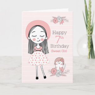 Carte 7e anniversaire petite fille et chat en rose blanc