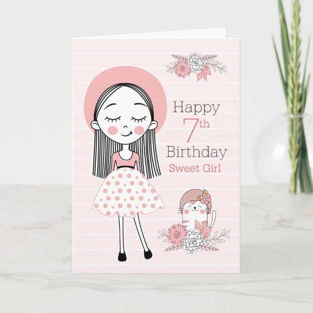 Carte 7e anniversaire petite fille et chat en rose blanc (Devant)