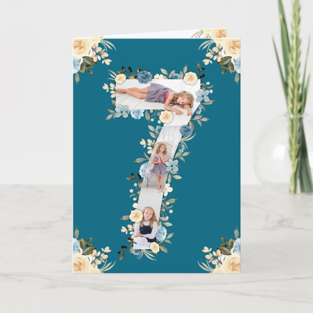 Carte 7e anniversaire Photo Collage bleu Fleur jaune Tur (Devant)