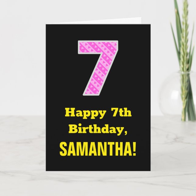 Carte 7e anniversaire : Pink Stripes and Hearts "7" + No (Devant)
