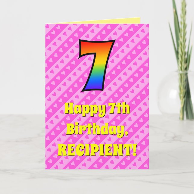 Carte 7e anniversaire : Rayures roses & coeurs, Arc-en-c (Devant)