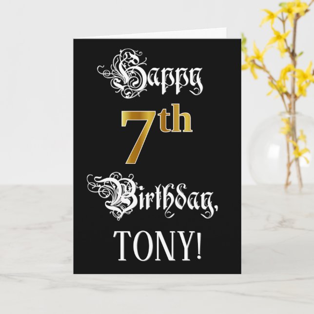 Carte 7e anniversaire — Script fantaisie; look or Faux;  (Fleur jaune)