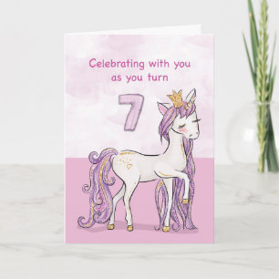 Carte 7ème Anniversaire Cheval Rose Avec Couronne