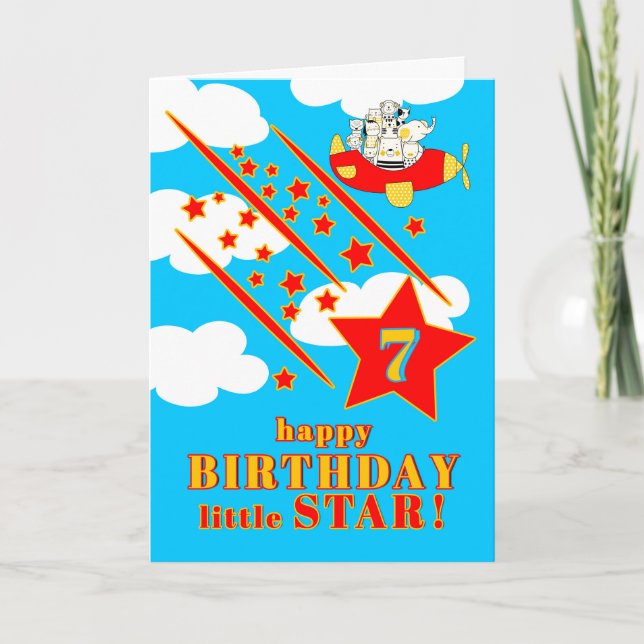 Carte 7th Birthday Little Star Cute Animals in a Plane (Devant)
