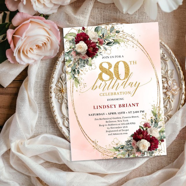 Carte 80 ans Burgundy Boho Floral Cadre Or (Burgundy Boho Floral Gold Frame 80th Birthday Invite)