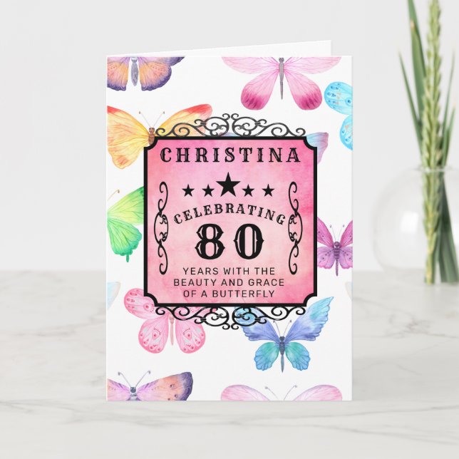 Carte 80e anniversaire Aquarelle rose papillon Salutatio (Devant)