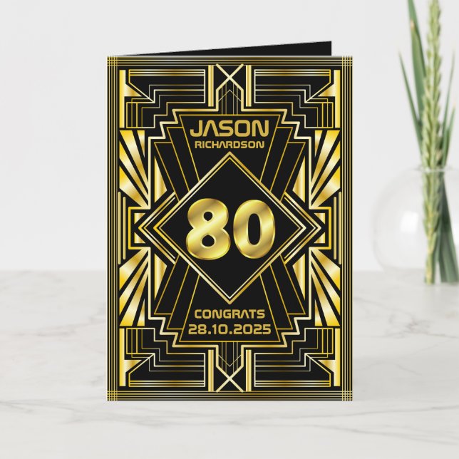 Carte 80e anniversaire Art Déco Gold Black Great Gatsby (Devant)