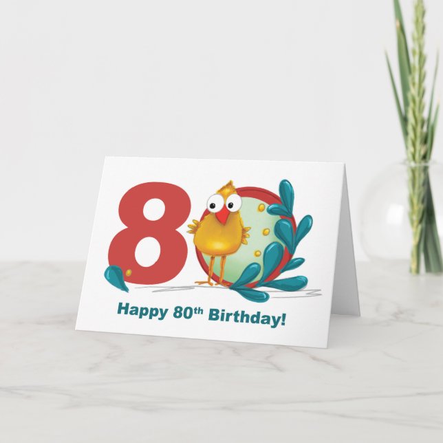 Carte 80e anniversaire avec un oiseau drôle et la branch (Devant)