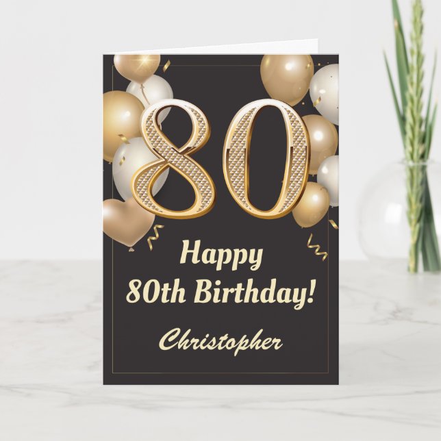 Carte 80e anniversaire Ballons Noir et Or Confetti (Devant)