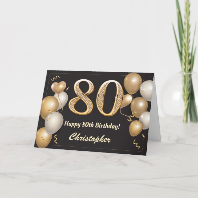 Carte 80e anniversaire Ballons noirs et or Anniversaire (Devant)