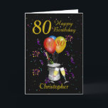 Carte 80e anniversaire Black Gold Celebration<br><div class="desc">Bonne carte d'anniversaire de 80ème. Cette carte brillante comporte un seau à glace avec une bouteille de vin mousseux, des ballons de lunettes de flûte et des confettis, le tout sur un arrière - plan noir avec un texte de couleur or. Peut être customisée pour n'importe quel âge et titre...</div>