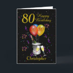 Carte 80e anniversaire Black Gold Celebration<br><div class="desc">Bonne carte d'anniversaire de 80ème. Cette carte brillante comporte un seau à glace avec une bouteille de vin mousseux, des ballons de lunettes de flûte et des confettis, le tout sur un arrière - plan noir avec un texte de couleur or. Peut être customisée pour n'importe quel âge et titre...</div>