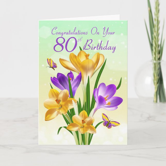 Carte 80e anniversaire Crocus jaune et violet (Devant)