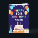 Carte 80e anniversaire du Jour des Ballons<br><div class="desc">80e anniversaire du Colorful Balloons Cake Navy Blue with personalized. For further customization,  please click the "Customize it" button and use our design tool to modify this template.</div>