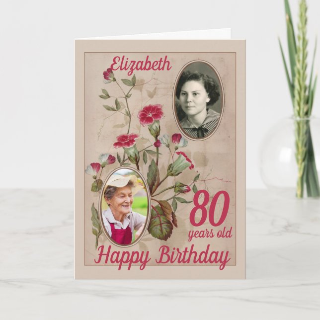 Carte 80e anniversaire Floral Vintage Photo (Devant)