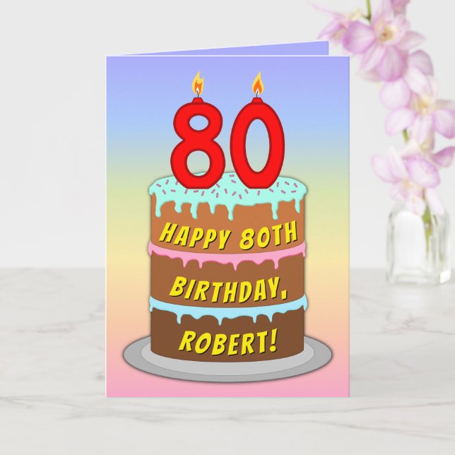 Carte 80e anniversaire — Fun Cake & Candles, avec nom pe (Orchidée)