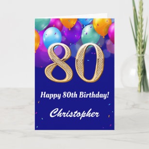 Carte 80e anniversaire Marine Bleu et or Ballons colorés