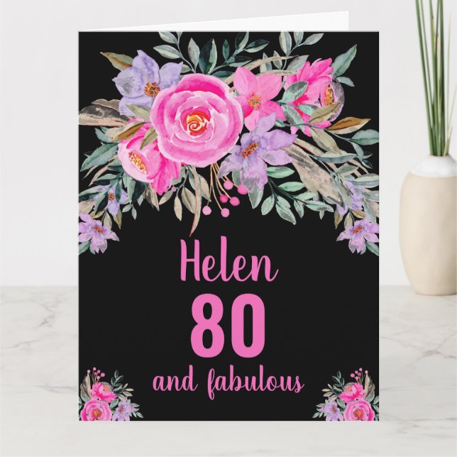 Carte 80e anniversaire noir rose aquarelle floral (Devant)