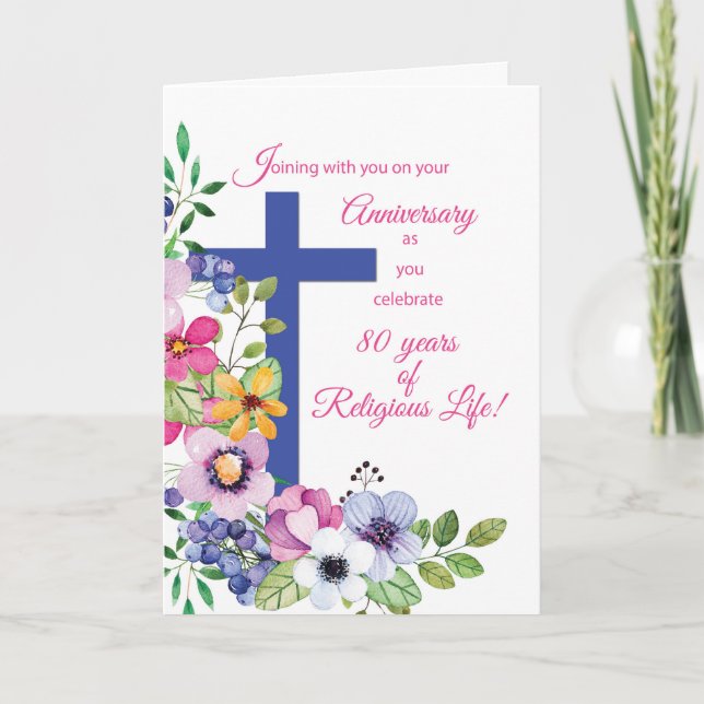 Carte 80e Anniversaire Nun Fleurs de Croix de Vie Religi (Devant)