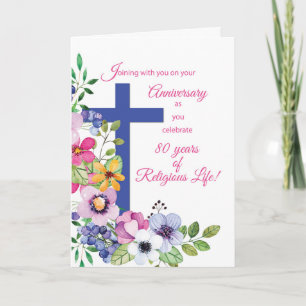 Carte 80e Anniversaire Nun Fleurs de Croix de Vie Religi