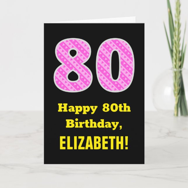 Carte 80e anniversaire : Pink Stripes and Hearts "80" +  (Devant)