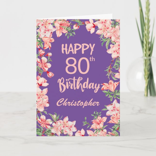 Carte 80e anniversaire Purple Peach Aquarelle rose (Devant)