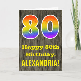 Carte 80e anniversaire : Rustique Faux Wood Look, Arc-en