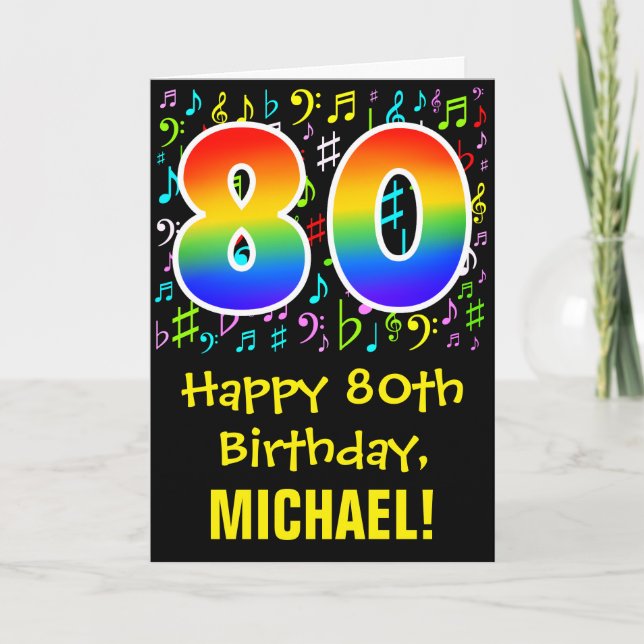 Carte 80e anniversaire : Symboles de musique colorée + A (Devant)