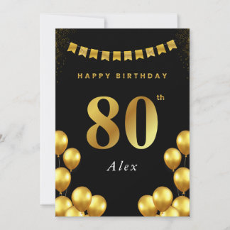 Carte 80th Birthday Card Black and Gold Balloons