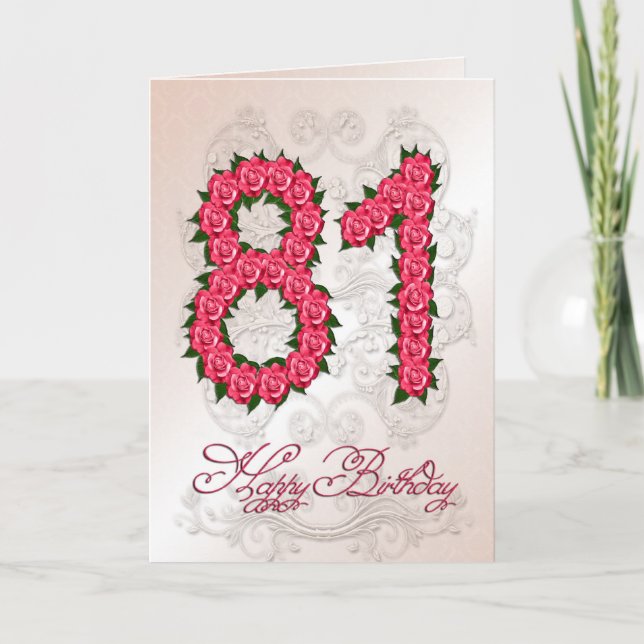 Carte 81e anniversaire avec roses et feuilles (Devant)