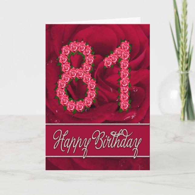 Carte 81e anniversaire avec roses et feuilles (Devant)