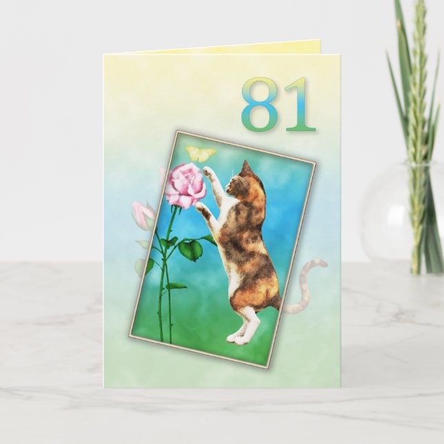 Carte 81e anniversaire avec un chat ludique (Devant)