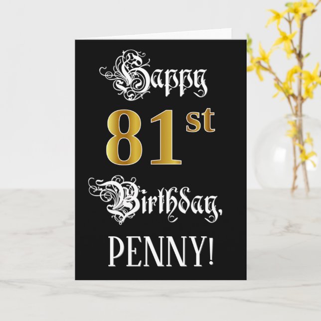 Carte 81e anniversaire — Écriture fantaisie ; aspect or  (Fleur jaune)