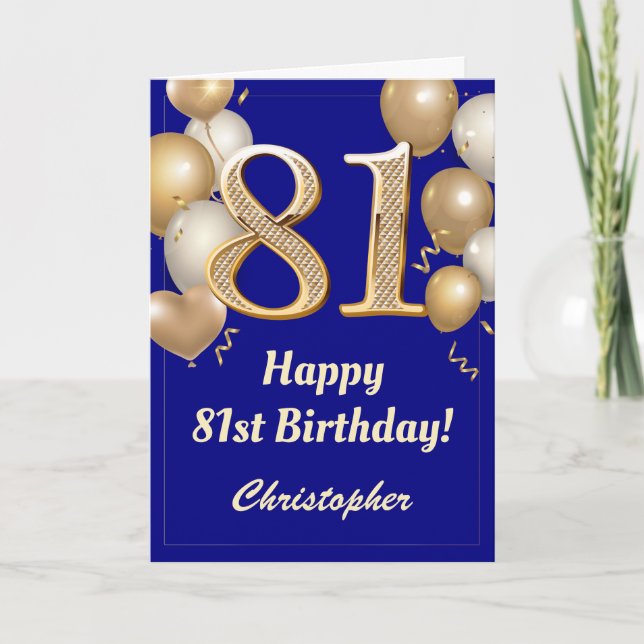 Carte 81e anniversaire Marine Bleu et Ballons d'or Confe (Devant)