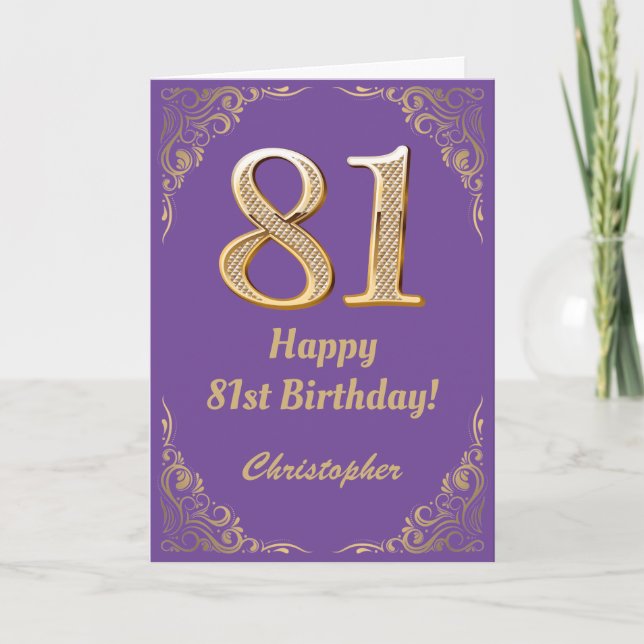Carte 81e anniversaire Parties scintillant violet et or (Devant)