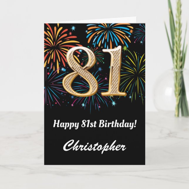 Carte 81e anniversaire Rainbow Fireworks noir et or (Devant)