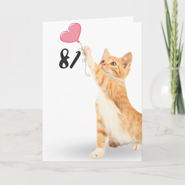 Carte 81e anniversaire tabby chat avec ballon cardiaque (Devant)